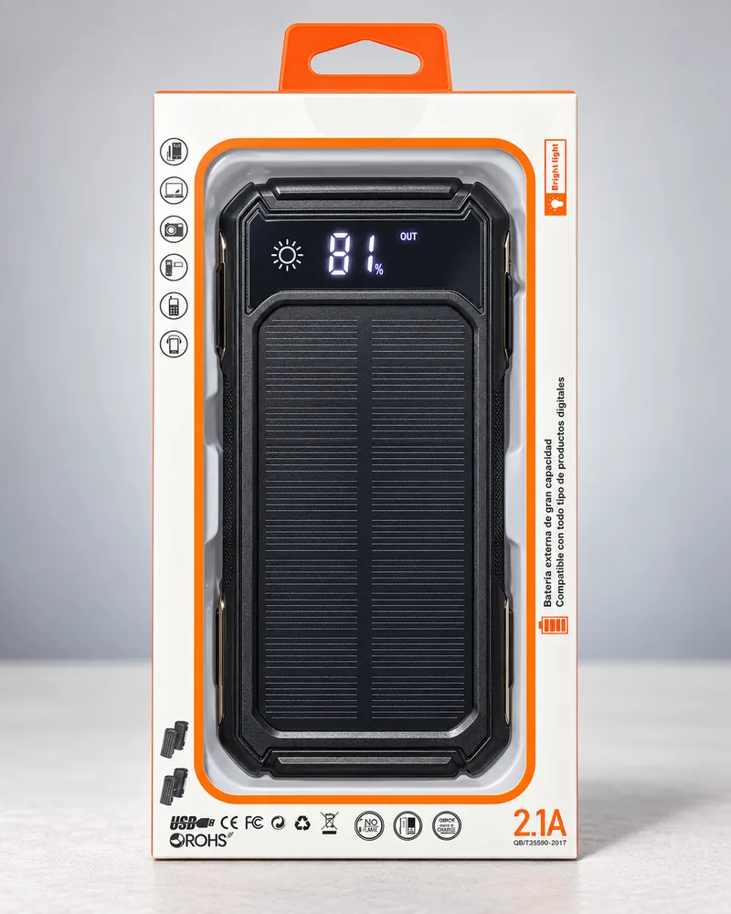 Power Bank Solar 15.000 mAh con Cable Integrado y Linterna